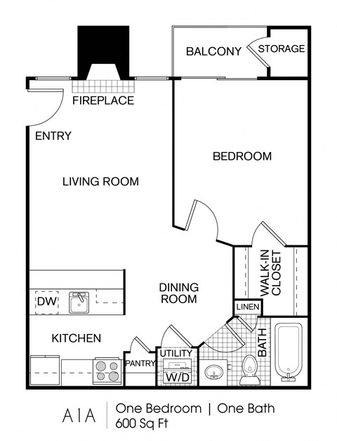 Floor plan for 1 bed, 1 bath, 600 sqft